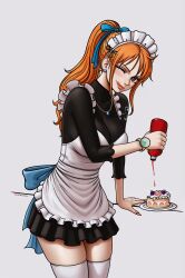 1girl :q absurdres apron arm_support arm_tattoo artist_name biting_own_lip black_dress black_ribbon blue_ribbon blush breasts cake cleavage closed_mouth cowboy_shot devil_fruit dress earrings eyelashes food frilled_apron frilled_dress frills head_tilt high_ponytail highres holding jewelry ketchup ketchup_bottle large_breasts leaning_forward legs_together licking_lips lips log_pose long_hair looking_at_viewer maid maid_apron maid_headdress nail_polish nami_(one_piece) necklace one_eye_closed one_piece orange_eyes orange_hair orange_nails patreon_username ponytail prixmal ribbon short_dress simple_background smile solo tattoo thighhighs three-quarter_sleeves tight_clothes tongue tongue_out turtleneck turtleneck_dress watermark white_apron white_background white_thighhighs