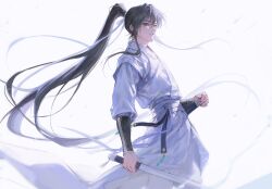 1boy absurdres black_hair chinese_clothes cowboy_shot grey_eyes hair_ribbon hand_on_sheath hanfu high_ponytail highres holding holding_sword holding_weapon jigam jinhongi long_hair long_sleeves looking_at_viewer male_focus pants parted_lips ponytail ribbon sash seol_young sheath solo sword tassel weapon white_hanfu white_pants white_ribbon white_sash yaopei zhijupao
