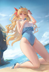 1girl absurdres bare_shoulders beach blonde_hair blue_one-piece_swimsuit blue_sky bow breasts ereshkigal_(fate) fate/grand_order fate_(series) hair_bow hairband highres kneeling kuza_brs long_hair looking_at_viewer medium_breasts o-ring one-piece_swimsuit parted_bangs red_eyes sandals shore sky space_ereshkigal_(fate) space_ereshkigal_(first_ascension)_(fate) swimsuit two-tone_swimsuit two_side_up white_one-piece_swimsuit