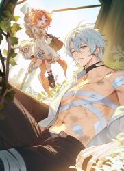 1boy 1girl abs absurdres antenna_hair bag bandaged_arm bandaged_chest bandages black_choker black_pants blue_eyes braid choker collared_shirt commentary_request dirty dress flower hair_flower hair_ornament highres holding holding_letter honkai:_star_rail honkai_(series) im_nullroongg injury korean_commentary letter male_underwear male_underwear_peek neck_tattoo off_shoulder one_eye_closed open_clothes open_shirt pants parted_lips phainon_(honkai:_star_rail) red_hair shirt short_hair sitting sun_symbol sun_tattoo tan tattoo toned toned_male tribbie_(honkai:_star_rail) underwear white_dress white_hair white_shirt