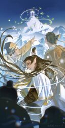 6+boys above_clouds absurdres beard bird blue_ribbon blue_sky blurry blurry_foreground brown_hair chinese_clothes chinese_commentary chromatic_aberration clenched_teeth cloud dated depth_of_field facial_hair green_eyes hair_bun hair_ribbon hanfu hat highres lascorpio long_hair long_sleeves looking_at_another looking_back male_focus mountain multiple_boys nezha_zhi_motong_jiangshi pointy_ears reaching ribbon rice_hat sash shen_gongbao_(nezha_zhi_motong_jiangshi) sky teeth topknot unworn_hat unworn_headwear white_hanfu wide_sleeves xiao_guan_(headdress) yellow_hanfu yellow_hat yellow_sash