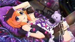 1girl arm_up black_bow black_dress black_gloves black_thighhighs blue_eyes blue_ribbon blurry bow choker cowboy_shot curtains depth_of_field dress dutch_angle flower frilled_dress frilled_gloves frilled_pillow frills from_side game_cg garter_straps gloves hair_flower hair_ornament head_on_pillow highres higurashi_no_naku_koro_ni higurashi_no_naku_koro_ni_mei indoors knees_up lying non-web_source official_art on_back on_bed open_mouth orange_hair pillow pink_petals plant potted_plant purple_bow purple_flower purple_pillow purple_rose red_flower red_petals red_rose ribbon rose ryuuguu_rena short_dress short_hair shy solo sparkle strapless strapless_dress stuffed_animal stuffed_toy table teddy_bear thighhighs