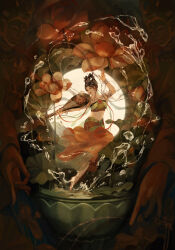 1girl absurdres bare_shoulders black_hair bow-shaped_hair brown_eyes bud character_request chinese_commentary chinese_hairpin circlet commentary_request earrings eyelashes eyeshadow facial_mark floating_clothes floral_background flower forehead_mark frilled_skirt frills full_body full_moon gold_armlet green_tube_top hagoromo hair_ornament hair_rings hairpin highres holding holding_instrument instrument instrument_request jewelry lily_pad lipstick long_skirt looking_ahead makeup midriff moon multiple_hairpins navel necklace nikki_(series) orange_skirt parted_lips peacock_print red_background red_flower red_lips shawl shining_nikki short_hair skirt solo stars_zhangzhang strapless teeth tube_top updo water_drop water_lily_flower