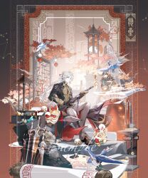 Rule 34 | 1boy, absurdres, autumn leaves, ball, bell, bird, black coat, black gloves, black shoes, blade (honkai: star rail), border, brick oven, chinese clothes, chinese commentary, closed mouth, coat, creature, crystal, diting (honkai: star rail), earrings, flower, full body, gears, gloves, grey pants, hair flower, hair ornament, hair stick, highres, holding, holding sword, holding weapon, honkai: star rail, honkai (series), jewelry, jian (weapon), jingle bell, lattice, leaf, long hair, long sleeves, looking ahead, male focus, mismatched earrings, multiple swords, nnnnnova, non-humanoid robot, outside border, oven, pants, parted bangs, ponytail, procreate (medium), purple eyes, red border, robot, robot animal, rock, sample watermark, scroll, sheath, sheathed, shoes, sitting, sitting on stairs, sleeve cuffs, smile, solo, stairs, stud earrings, sword, tree, two-sided coat, two-sided fabric, watermark, weapon, white hair, window, yingxing (honkai: star rail)
