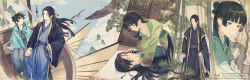 1boy 1girl absurdres architecture black_hair black_hanfu blue_eyes blue_hanfu blunt_bangs boat chinese_clothes closed_eyes dirty dirty_clothes east_asian_architecture hair_bun half_updo hand_on_another&#039;s_face hanfu highres holding_hands jinshi_(kusuriya_no_hitorigoto) kusuriya_no_hitorigoto long_hair looking_at_another lying maomao_(kusuriya_no_hitorigoto) multiple_views on_back on_boat parted_bangs parted_lips sitting tsubsa_syaoin watercraft wide_sleeves