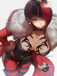 Rule 34 | 1girl, :p, anna williams, asymmetrical hair, belt, black gloves, black hair, black leotard, breast tattoo, breasts, buckle, choker, clothing cutout, coat, collarbone, covered erect nipples, cross-laced pants, diagonal bangs, earrings, eyelashes, fur-trimmed coat, fur trim, gloves, hair over one eye, hip vent, jewelry, large breasts, leaning forward, leotard, lowleg, lowleg pants, multicolored hair, navel cutout, pants, red hair, simple background, smile, solo, tattoo, tekken, tekken 8, thigh gap, tongue, tongue out, tsurime, two-tone hair, white background, yotastar