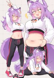 Rule 34 | 1girl, ^^^, animal ear fluff, animal ears, arms up, belly, belly grab, black pants, blush, breasts, commentary request, constricted pupils, crop top, cropped jacket, fox ears, fox girl, fox shadow puppet, fox tail, grey background, grid background, highres, jacket, large breasts, long hair, looking at viewer, midriff, multiple expressions, multiple views, navel, open mouth, original, pants, plump, purple hair, red shoes, shoes, sneakers, stomach, stretching, sweatdrop, sweatpants, tail, ug (nekonekodou), white jacket, yellow eyes