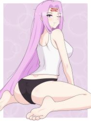 absurdly_long_hair absurdres arms_between_legs ass ass_focus barefoot blush border breasts closed_mouth collarbone commentary crop_top dani_(angrymatthew) english_commentary eyebrows_hidden_by_hair eyes_visible_through_hair facial_mark fate/grand_order fate/stay_night fate_(series) feet foot_focus forehead_mark hair_in_own_mouth highres large_breasts long_bangs long_hair medusa_(fate) medusa_(rider)_(fate) messy_hair one_eye_closed outside_border parted_bangs purple_background purple_eyes purple_hair sitting solo tank_top thighs very_long_hair wariza white_border