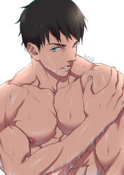 Rule 34 | 1boy, absurdres, artist name, bara, black hair, blue eyes, free!, hand on own arm, highres, large pectorals, looking at viewer, male focus, muscular, muscular male, nipples, pectorals, short hair, solo, suyohara, upper body, wet, wet face, wet hair, white background, yamazaki sousuke