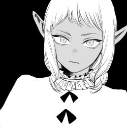 1boy braid braided_ponytail closed_mouth dark-skinned_male dark_skin dungeon_meshi elf frills frown frs2 greyscale highres looking_at_viewer male_focus monochrome pointy_ears portrait sidelocks simple_background single_braid solo thistle_(dungeon_meshi)