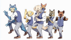 6+boys animal_ears animalk beastars blue_vest chinese_commentary closed_eyes collot_(beastars) commentary_request durham_(beastars) fennec_fox fox_boy fox_ears furry furry_male grey_pants highres hyena_ears hyena_tail jack_(beastars) leg_up legoshi looking_at_viewer male_focus miguno_(beastars) multiple_boys necktie pants school_uniform simple_background snout tail v vest voss_(beastars) white_background wolf_boy wolf_ears wolf_tail