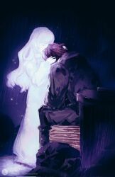 1boy 1girl black_coat brown_hair cardboard catherine_(project_moon) closed_eyes coat dress full_body ghost heathcliff_(project_moon) limbus_company ling_zhiyun lofter_username long_hair long_sleeves project_moon rain sitting trash_bag trash_can white_dress white_hair
