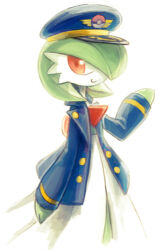 Rule 34 | blue headwear, blue jacket, bob cut, colored skin, dress, gardevoir, gen 3 pokemon, green hair, hair over one eye, inumura (inu noya), jacket, looking at viewer, multicolored skin, nintendo, open clothes, open jacket, pink eyes, pokemon, pokemon (creature), simple background, smile, two-tone skin, white background, white dress