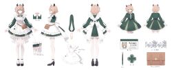 1girl absurdres animal_ears apron black_shoes breasts brown_hair center_frills closed_mouth commentary crossed_bangs double-parted_bangs dress english_commentary fine_fabric_emphasis frilled_apron frilled_dress frills full_body garter_straps green_dress hair_between_eyes hair_ribbon hat highres holding holding_smoking_pipe indie_virtual_youtuber lace lace-trimmed_thighhighs lace_trim long_sleeves medium_breasts multiple_views name_tag nimi_nightmare notes nurse nurse_cap official_art one_side_up pointing_out_the_details reference_sheet ribbon second-party_source shoes short_hair simple_background sleeve_cuffs sleeve_slit smoking_pipe strappy_heels tapir_ears tapir_girl thighhighs toosaka_asagi translation_request turnaround variations virtual_youtuber waist_bag white_apron white_background white_ribbon white_thighhighs zettai_ryouiki