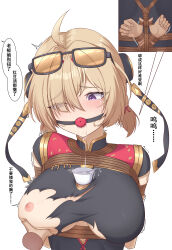 Rule 34 | 1girl, absurdres, ahoge, arms behind back, ball gag, blush, breasts, china dress, chinese clothes, chinese text, cleavage, dress, drooling, eyes visible through hair, gag, grabbing another&#039;s breast, groping, hair over one eye, highres, large breasts, medium hair, motion lines, nipples, pov, pov hands, purple eyes, restrained, shibari, shibari over clothes, shixi, short twintails, simple background, speech bubble, sweety (zenless zone zero), torn clothes, torn dress, trembling, twintails, white background, zenless zone zero