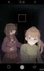 Rule 34 | 2girls, absurdres, black background, blonde hair, braid, brown hair, closed eyes, closed mouth, facial recognition, fake phone screenshot, fake screenshot, green sweater, highres, horror (theme), long sleeves, looking at viewer, looking back, low twin braids, madotsuki, medium hair, minpupunkun, multiple girls, parted lips, pink sweater, poniko, ponytail, purple eyes, red skirt, simple background, skirt, sweater, twin braids, twitter username, yume nikki