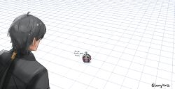 1boy 1girl absurdres ahoge black_gloves black_hair black_jacket blush bow bowtie carlotta_(wuthering_waves) commentary dress english_commentary floor gloves hair_bow hairband headband highres jacket lennykaise long_hair looking_at_another male_rover_(wuthering_waves) mini_person minigirl multicolored_eyes open_mouth pink_bow pink_bowtie pink_hairband rover_(wuthering_waves) sweatdrop two-tone_dress two-tone_eyes white_dress white_hair wuthering_waves
