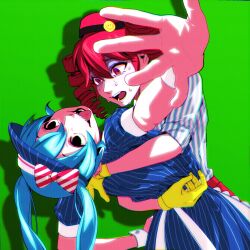 2girls apron blue_dress blue_hat bow diagonal-striped_bow dress drill_hair from_side gloves green_background hair_between_eyes hands_on_another&#039;s_back hat hat_bow hatsune_miku highres kasane_teto kepi looking_ahead looking_at_another mesmerizer_(vocaloid) military_hat multiple_girls nose open_mouth outstretched_arm outstretched_hand pinstripe_dress pinstripe_hat pinstripe_pattern red_bow red_eyes red_hair sari_qqqqq shadow sharp_teeth shirt short_sleeves sleeves_rolled_up smiley_hat_ornament striped_bow striped_clothes striped_shirt sweat teeth tongue tongue_out twin_drills two-tone_bow upper_body utau vertical-striped_clothes vertical-striped_shirt vocaloid waist_apron white_apron white_bow white_shirt worried yellow_gloves
