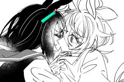2girls agnes_tachyon_(umamusume) ahoge animal_ears closed_eyes clothes_grab coat_grab collared_coat earrings english_text engrish_text greyscale hair_between_eyes horse_ears horse_girl huge_ahoge jewelry long_hair manhattan_cafe_(umamusume) medium_hair monochrome multicolored_hair multiple_girls nyakuru_(kanachiaki) ranguage sailor_collar sailor_shirt shirt sidelocks single_earring surprised sweatdrop umamusume wide-eyed wolf_cut yuri