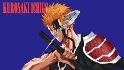 Rule 34 | 1boy, absurdres, armor, artist name, asymmetrical clothes, asymmetrical sleeves, black sclera, bleach, blue background, body markings, character name, colored sclera, highres, holding, holding sword, holding weapon, horn of salvation, horns, kurosaki ichigo, male focus, orange hair, shihakusho, short hair, shoulder armor, single horn, solo, spiked hair, sword, true zangetsu (shikai), weapon, yellow eyes, zunedraws