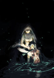 1boy 1girl black_background black_hair body_markings breasts closed_eyes crossed_legs dark_background demi-fiend faceless faceless_female fraekugel full-body_tattoo glowing hand_on_another&#039;s_cheek hand_on_another&#039;s_face hand_on_another&#039;s_shoulder highres lady_of_the_fount no_nipples partially_submerged resting shin_megami_tensei shin_megami_tensei_iii:_nocturne short_hair tattoo topless_male veil water