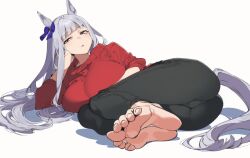 1girl absurdres alternate_costume animal_ears ass barefoot black_pants blue_bow blunt_bangs bow breasts casual commentary_request ear_bow elbow_rest feet foot_focus full_body gold_ship_(umamusume) grey_hair highres horse_ears horse_girl horse_tail impossible_pants kisaragi_shokuin large_breasts long_hair long_sleeves looking_at_viewer lying on_side pants parted_lips partial_commentary purple_eyes red_sweater shadow simple_background soles solo sweater tail toes umamusume very_long_hair white_background