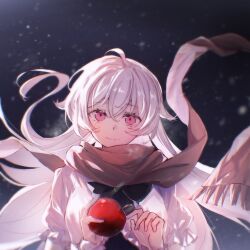 Rule 34 | 1girl, ahoge, apple, arcaea, black bow, black bowtie, black scarf, blush, bow, bowtie, closed mouth, commentary, floating hair, food, fruit, hair between eyes, highres, hikari (arcaea), hikari (reunion) (arcaea), holding, holding food, holding fruit, light smile, long hair, looking at viewer, muonrei00, night, outdoors, pink eyes, scarf, shirt, snowing, solo, symbol-only commentary, upper body, very long hair, white hair, white shirt