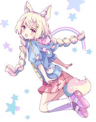 1girl absurdres animal animal_ear_fluff animal_ears animal_hood animal_in_clothes blonde_hair blue_jacket braid commentary fake_animal_ears fox fox_ears fox_girl fox_hood fox_tail from_side full_body hair_ornament highres hood hood_basket hood_down hooded_jacket jacket kneehighs long_hair looking_at_viewer looking_to_the_side low_twintails original pleated_skirt puffy_short_sleeves puffy_sleeves purple_eyes purple_shoes rainbow red_skirt shoe_soles shoes short_eyebrows short_sleeves skirt socks solo star_(symbol) star_hair_ornament star_symbol_background symbol-only_commentary tail thick_eyebrows tsukiyo_(skymint) twin_braids twintails very_long_hair white_background white_socks