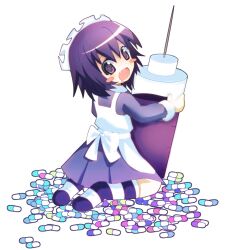 1girl 2000s_(style) @_@ blush_stickers bow commentary dress drooling english_commentary from_behind futaba_channel highres holding holding_syringe kneeling large_syringe looking_at_viewer looking_back maid maid_headdress mouth_drool nijiura_maids onlinepetclub oversized_object pill purple_dress purple_eyes purple_hair simple_background socks solo striped_clothes striped_socks syringe white_background white_bow white_headdress yakui