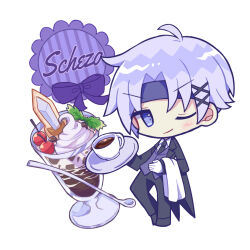 1boy ;) ahoge black_jacket black_necktie black_pants black_shoes blush character_name cherry chibi chibi_only closed_mouth collared_shirt commentary_request cup drinking_glass food fruit full_body futaba969649 gloves hair_ornament headband highres holding holding_tray jacket long_sleeves looking_at_viewer male_focus necktie one_eye_closed open_clothes open_jacket pants parfait purple_eyes purple_hair purple_headband purple_vest puyopuyo schezo_wegey shirt shoes short_hair simple_background smile solo spoon standing tea towel tray v-shaped_eyebrows vest waiter white_background white_gloves white_shirt x_hair_ornament