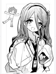 Rule 34 | 1boy, 1girl, aris (blue archive), blue archive, blue archive the animation, blush, collared shirt, cosplay, greyscale, hair between eyes, hands up, id card, jihecchi, long hair, monochrome, necktie, one side up, open mouth, oversized clothes, sensei (blue archive), sensei (blue archive) (cosplay), sensei (blue archive the animation), shirt, sidelocks, smile, very long hair