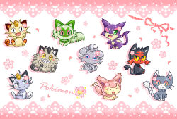 alolan_form alolan_meowth animal_focus blush cat cherrim cherrim_(sunshine) closed_mouth commentary_request creatures_(company) espurr flower galarian_form galarian_meowth game_freak gen_1_pokemon gen_3_pokemon gen_4_pokemon gen_5_pokemon gen_6_pokemon gen_7_pokemon gen_8_pokemon glameow highres jin_(az2492079) litten looking_at_viewer looking_back meowth nintendo no_humans open_mouth pink_flower pokemon pokemon_(creature) purrloin sitting skitty smile sprigatito