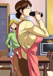00s 1boy 1girl age_difference apron ass basket black_eyes black_hair blonde_hair blush breasts brown_hair calendar_(object) chair cirima closed_eyes constricted_pupils cowboy_shot cup curvy eating ehoumaki fellatio food from_side hair_bun hand_in_pocket hetero hikaru_no_go housewife huge_ass huge_breasts indoors kitchen large_insertion long_sleeves makizushi mature_female microwave mother_and_son multicolored_hair object_insertion oral parted_bangs pencil_skirt plate profile refrigerator sexually_suggestive shindou_hikaru shindou_mitsuko shirt short_hair simulated_fellatio single_hair_bun skirt standing staring surprised sushi sweat sweatdrop sweater table tile_wall tiles turtleneck two-tone_hair wavy_mouth