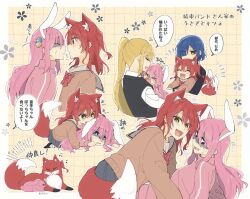 &gt;_&lt; 4girls animal_ears beamed_eighth_notes black_vest blonde_hair blue_eyes blue_hair bocchi_the_rock! bow bowtie brown_sweater closed_eyes collared_shirt commentary fangs fox_ears fox_girl fox_tail gotoh_hitori green_eyes grid_background ijichi_nijika imminent_kiss jacket kemonomimi_mode kita_ikuyo long_hair looking_at_another mole mole_under_eye multiple_girls musical_note nervous_sweating one_side_up open_mouth pink_hair pink_jacket rabbit_ears red_bow red_bowtie red_hair sailor_collar school_uniform serafuku shaded_face shimokitazawa_high_school_uniform shirt short_hair shuka_high_school_uniform side_ponytail smile speech_bubble sweat sweater symbol-only_commentary tail tail_wagging track_jacket translation_request vest white_sailor_collar white_shirt yamada_ryo yellow_background yellow_eyes yuri yuuta_(monochrome)
