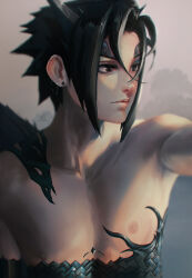 1boy absurdres alternate_costume black_eyes black_hair closed_mouth ear_piercing earrings highres jewelry lips looking_to_the_side male_focus naruto_(classic) naruto_(series) nipples nose piercing short_hair signature solo tamelee uchiha_sasuke upper_body