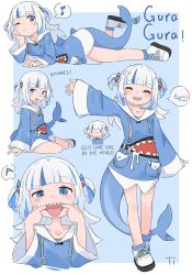 1girl :d a_(phrase) animal_costume animal_hood arm_support blue_background blue_eyes blue_hair blue_hoodie blunt_bangs border character_name commentary cropped_torso drawstring english_text fins fish_tail full_body gawr_gura gawr_gura_(1st_costume) hair_ornament head_rest highres hololive hololive_english hood hood_down hoodie long_sleeves looking_at_viewer mouth_pull multicolored_hair multiple_views musical_note one_eye_closed open_mouth shark_girl shark_hair_ornament shark_hood shark_tail sharp_teeth shoes smile spoken_musical_note streaked_hair symbol-only_commentary taigokimi.jpg tail teeth tongue tongue_out two_side_up virtual_youtuber white_border white_footwear white_hair