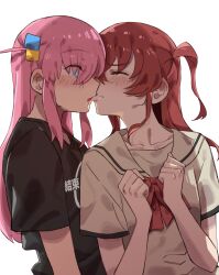 Rule 34 | 2girls, black shirt, blue eyes, blush, bocchi the rock!, bow, bowtie, closed eyes, closed mouth, commentary, cube hair ornament, gotoh hitori, grey sailor collar, grey shirt, hair ornament, highres, kessoku band t-shirt, kiss, kita ikuyo, long hair, multiple girls, one side up, pink hair, red bow, red bowtie, red hair, sailor collar, school uniform, shirt, shuka high school uniform, simple background, takao (88499191), white background, yuri