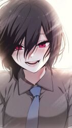 1girl black_hair blush brown_shirt female_focus happy looking_at_viewer red_eyes shirt short_hair smile smiley_face suna_byul webtoon_character_na_kang_lim white_background