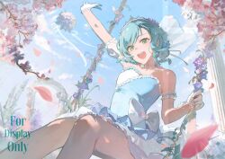 Rule 34 | 1girl, absurdres, aqua hair, arm up, armlet, bang dream!, blue dress, braid, commentary, crown, detached sleeves, dress, duany, falling petals, flower, frilled dress, frills, gloves, green eyes, highres, hikawa hina, jewelry, looking at viewer, medium hair, open mouth, petals, purple flower, side braids, single detached sleeve, sitting, solo, strapless, strapless dress, swing, teeth, upper teeth only, watermark, watermark grid, white gloves