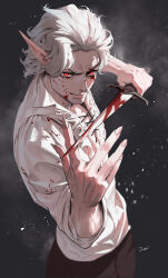 Rule 34 | 1boy, absurdres, artist name, astarion, baldur&#039;s gate, baldur&#039;s gate 3, black pants, blood, blood on clothes, blood on face, bloody knife, bloody weapon, blurry, closed mouth, cowboy shot, cross-laced clothes, cross-laced top, dagger, depth of field, dungeons &amp; dragons, elf, fingernails, hands up, highres, holding, holding dagger, holding knife, holding weapon, knife, lips, looking at viewer, male focus, ori dal, pants, pointy ears, red eyes, sharp fingernails, shirt, short hair, sidelocks, sleeves rolled up, smile, solo, weapon, white hair