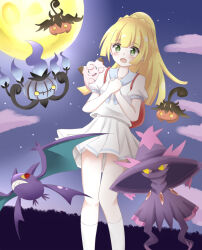 1girl backpack bag blonde_hair chandelure clefairy crobat full_moon gen_1_pokemon gen_2_pokemon gen_4_pokemon gen_5_pokemon gen_6_pokemon hachimi halloween lillie_(pokemon) long_hair mismagius moon nintendo open_mouth pleated_skirt pokemon pokemon_(creature) pokemon_sm pumpkaboo purple_sky shirt short_sleeves skirt sky socks white_shirt white_skirt white_socks