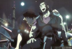 Rule 34 | 2boys, akitoshi yokoyama, beard, cowboy bebop, facial hair, friends, full moon, happy, highres, jet black, laughing, moon, multiple boys, muscular, muscular male, one eye closed, open mouth, prosthesis, prosthetic arm, scar, scar across eye, scar on face, sitting, spike spiegel, swordfish ii, teeth, upper teeth only