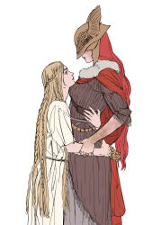 Rule 34 | 1boy, 1girl, absurdres, androgynous, belt, blonde hair, braid, brown dress, cape, covered eyes, cowboy shot, dress, elden ring, face to breasts, flat color, from side, fur-trimmed cape, fur trim, hand on another&#039;s waist, height difference, helmet, helmet over eyes, highres, jewelry, long hair, malenia blade of miquella, miquella (elden ring), multiple braids, onex111x, parted lips, pleated dress, red cape, red hair, three-quarter sleeves, tunic, very long hair, white background, white tunic, winged helmet