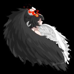 1girl bare_shoulders black_background black_hair black_souls black_souls_2 breasts cleavage closed_eyes closed_mouth feathered_wings hair_ornament head_wings highres jubjub_(black_souls) light_blush looking_to_the_side looking_up m8n8xide multicolored_hair nose sidelocks signature solo split-color_hair twitter_username white_hair white_wings wings