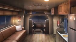 air_conditioner cabinet car_interior couch fire_extinguisher glowing highres loft_bed night no_humans non-web_source official_art our_life:_beginnings_and_always photo_(object) pillow recreational_vehicle refrigerator scenery sink sticky_note tile_floor tiles variant_set window_light