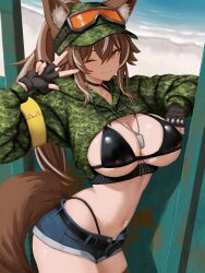 Rule 34 | 1girl, absurdres, animal ear fluff, animal ears, belt, bikini, black belt, black bikini, black choker, black gloves, blue shorts, breasts, brown eyes, brown hair, callisto (greyeth), camouflage, camouflage hat, camouflage jacket, choker, closed mouth, commentary, cowboy shot, crop top, cropped jacket, denim, denim shorts, dog tags, ears through headwear, fingerless gloves, fox ears, fox girl, fox tail, gloves, goggles, goggles on head, green shrug, hair between eyes, hand up, highleg, highleg bikini, highres, jacket, large breasts, long hair, looking at viewer, micro shorts, midriff, multicolored hair, navel, navel piercing, one eye closed, open fly, original, piercing, ponytail, shorts, smile, solo, stomach, streaked hair, swimsuit, tail, thighs, very long hair, w, yan kodiac