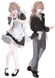 2boys absurdres black_shoes butler closed_mouth dual_persona full_body gloves heart heart_hands highres maid maid_headdress male_focus multiple_boys necktie original shoes smile standing trap tray unworn_gloves zurui_ninjin