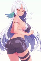 1girl absurdres arbiter1 azur_lane bikini bikini_top_only black_shorts body_markings bodypaint breasts dark-skinned_female dark_skin facial_mark feather_hair_ornament feathers forehead_mark hair_ornament highres long_hair looking_at_viewer looking_back massachusetts_(azur_lane) native_american short_shorts shorts simple_background swimsuit thighhighs white_background white_hair white_thighhighs