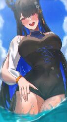 1girl adapted_costume alternate_costume asymmetrical_horns bikini black_hair blue_hair breasts collarbone colored_inner_hair demon_horns flower hair_ornament highres hololive hololive_english horn_flower horns large_breasts linyi long_hair looking_at_viewer mole mole_under_eye multicolored_hair nerissa_ravencroft nerissa_ravencroft_(1st_costume) open_mouth outdoors partially_submerged red_eyes smile solo swimsuit two-tone_hair uneven_horns very_long_hair virtual_youtuber water wet