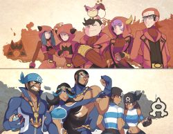 4girls 6+boys absurdres anchor_necklace archie_(pokemon) bandana beard black_hair blue_bandana blue_bodysuit bodysuit closed_mouth courtney_(pokemon) crossed_arms dark-skinned_male dark_skin diving_suit facial_hair fake_horns frown gen_3_pokemon gloves grin highres holding holding_poke_ball hood hood_up horns jewelry logo matt_(pokemon) maxie_(pokemon) multiple_boys multiple_girls muscular muscular_male necklace nintendo on_head poke_ball poke_ball_(basic) pokemon pokemon_(creature) pokemon_on_head pokemon_oras sally_(luna-arts) shelly_(pokemon) short_hair sidelocks skitty smile tabitha_(pokemon) team_aqua team_aqua_grunt team_aqua_grunt_(female) team_magma team_magma_grunt wetsuit zipper_pull_tab